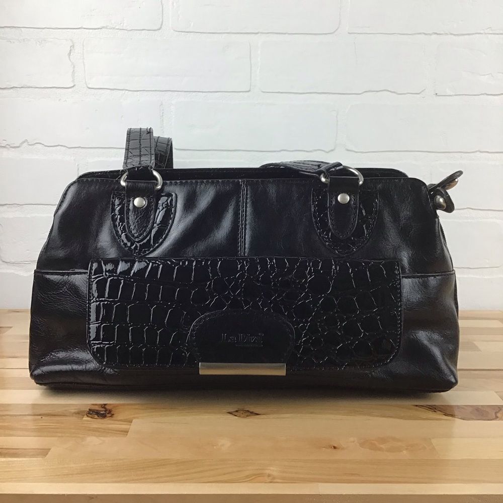 Classic Black Vegan Leather Shoulder Tote Satchel CrocAccent Large WorkBag Purse